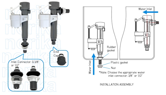 WC Dual Inlets Plastic Float Valve With 3/8" & 1/2" Inlet Adaptors