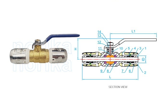 injap bola pex push-fit (jenis F6)