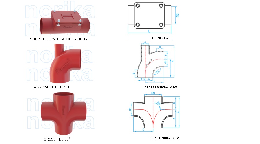 BS EN 877 Fusion Bonded Epoxy Coated Hubless Short Pipe with Access Door & Cross Tee